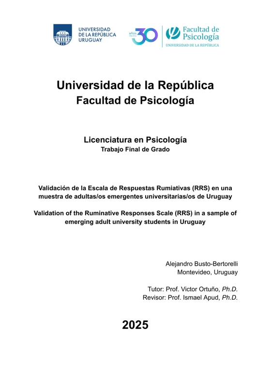 Portada del Trabajo Final de Grado: Validaci&oacute;n de la Escala de Respuestas Rumiativas (RRS)