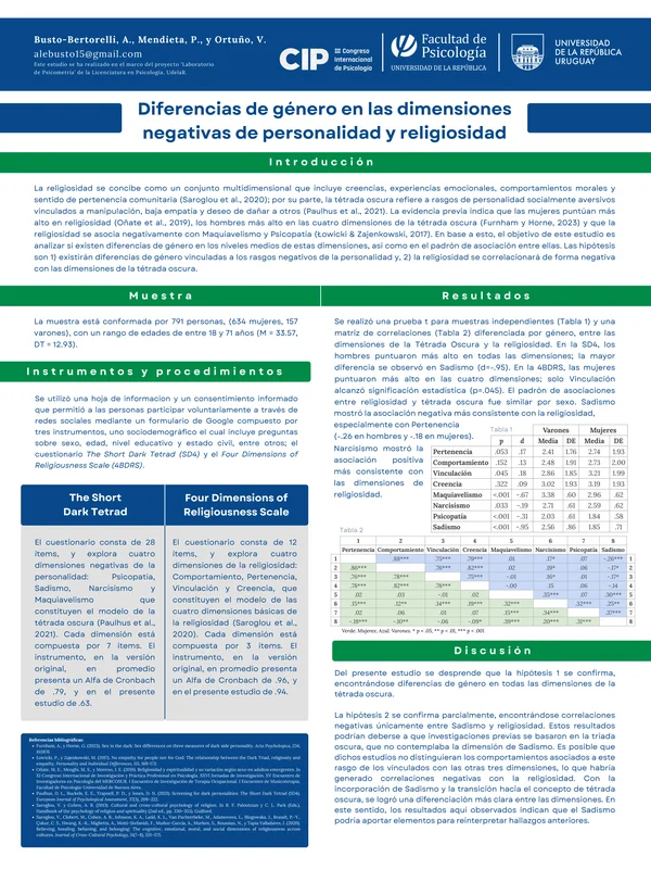 Diferencias de g&eacute;nero en las dimensiones negativas de personalidad y religiosidad